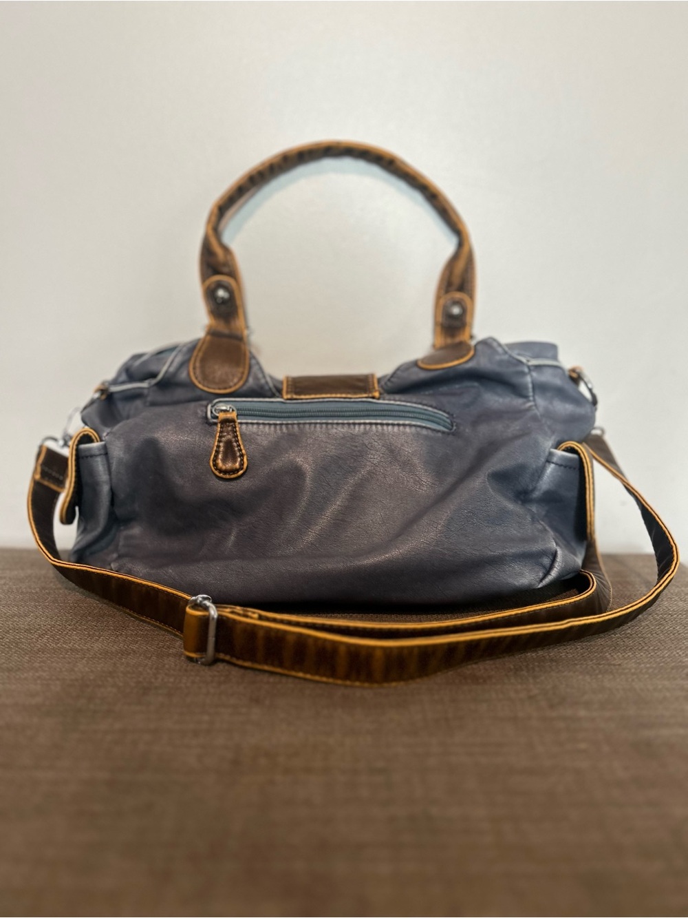 Angel Kiss Two-Tone Buckle Satchel - Navy and Brown - Picture 5 of 10